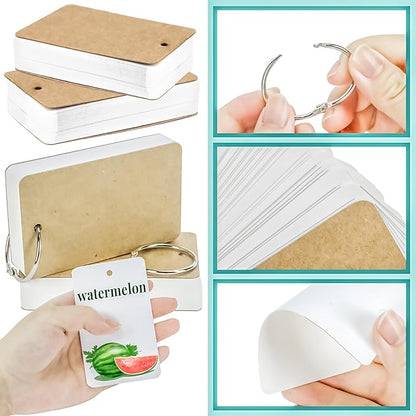 MotBach 300 Sheets White Blank Flash Cards with Binder Rings,3.5 x 2.2 Inch Index Cards, Small Note Cards Study Cards Learning Cards Kraft Paper Cards, Easy Flip Mini Index Note Flashcards (6 Pack)