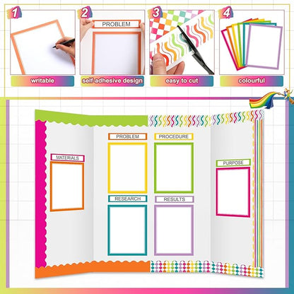 90 Pcs Science Fair Board Supplies 60 Trim Scalloped Bulletin Board Borders 24 Presentation Board Subtitles 6 Science Fair Titles for Classroom Display Boards(Colorful)
