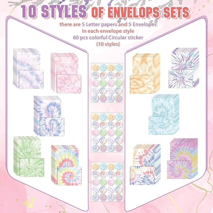 TaoBary 160 Packs Stationery Paper Set (50 Double Sided Stationery Writing Papers 50 Matching Envelopes) 60 Round Dot Sticker, 10 Design(Tie Dye,5.5 x 8.25 Inch)