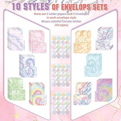 TaoBary 160 Packs Stationery Paper Set (50 Double Sided Stationery Writing Papers 50 Matching Envelopes) 60 Round Dot Sticker, 10 Design(Tie Dye,5.5 x 8.25 Inch)