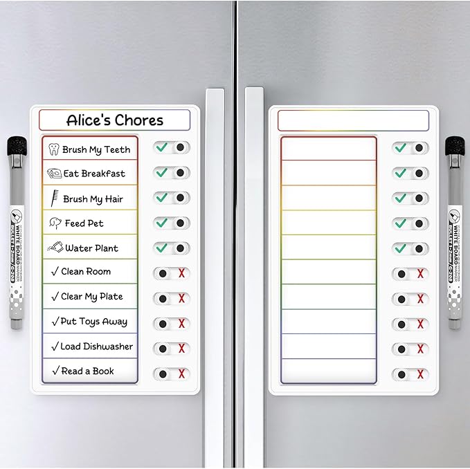 2 Pcs Chore Chart for Kids: Dry Erase My Chores Slider Chart, Magnetic Visual Schedule for Fridge, Kids Daily Checklist - ADHD Tools: to Do List and Routine Chart for Multiple Kids (Rainbow 2-pack)