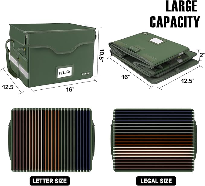 DocSafe File Box Fireproof Document Box with Lock,File Storage Organizer Box with Insert Mesh Pocket,Collapsible Portable File Box Home Office File Cabinet for Hanging Letter/Legal Folder,Green,2 Pack