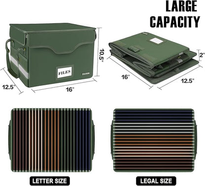 DocSafe File Box Fireproof Document Box with Lock,File Storage Organizer Box with Insert Mesh Pocket,Collapsible Portable File Box Home Office File Cabinet for Hanging Letter/Legal Folder,Green,2 Pack