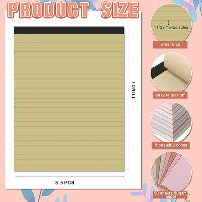 Fuutreo 8 Pcs 8.5'' x 11'' Colored Legal Pad Writing Pads Wide Ruled 50 Sheets Per Notepad Perforated Writing Notepad Office Supplies for School College Office Business (Assorted Colors)