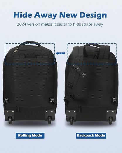 Hynes Eagle Rolling Backpack 42L Backpack with Wheels Airline Approved Carry on Luggage Laptop Travel Backpack for Women Men Black-2024