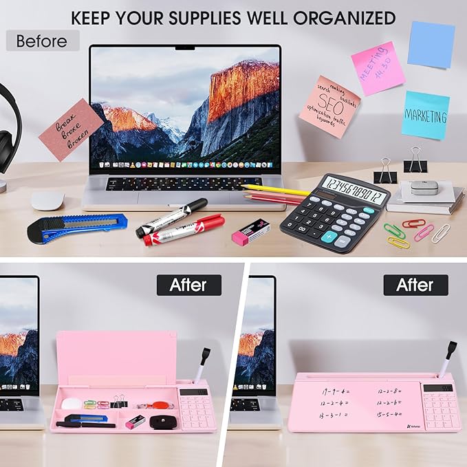 Varhomax Glass Desk Whiteboard Pink with Calculator, Desktop Dry Erase White Board with Storage, to Do List Memo Notepad for Home and Office