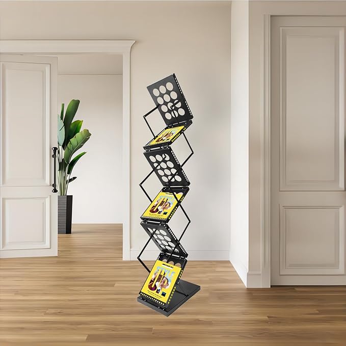 Folding Literature Rack, 6 Pockets Metal Brochure Holder Stand Floor Standing Magazine Rack，Double-sided Display Flyer Holder Stand Literature Stand for Trade Show Office Store Home