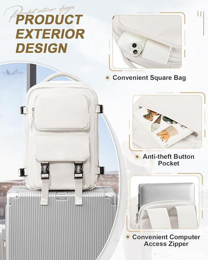 Travel Carry on Laptop Backpack for Women Men, Expandable Flight Approved Backpack, Waterproof Sports College bag Casual Daypack for Weekender Business Hiking Off White(Small)