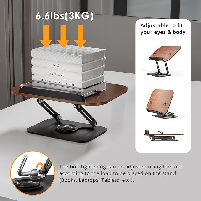 Book Stand for Reading, Adjustable Book Holder with 360° Rotating Bases, Foldable Designs, and Elastic Clips, Multifunctional Display Stand for Recipe, Cookbooks, Magazines, Tablets, Laptops
