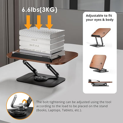 Book Stand for Reading, Adjustable Book Holder with 360° Rotating Bases, Foldable Designs, and Elastic Clips, Multifunctional Display Stand for Recipe, Cookbooks, Magazines, Tablets, Laptops