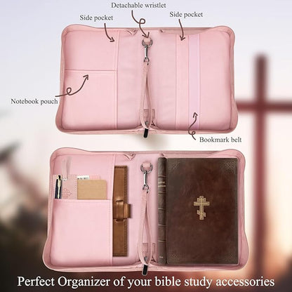 Bible Covers for Women, Leather Bible Study Case with Bookmark for Girls, Bible Supplies Carrying Bag Tote with Strap,Personalized Book Organizer Bag for Journaling Bible-Pink