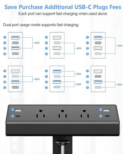 Desk Clamp Power Strip USB C,Desktop Mount Surge Protector,40W Fast Charging Station,2 PD 20W USB C Ports,3 Outlets,6FT Flat Plug,Desk Edge Power Strip for Home,Office,Fit 1.96" Tabletop Edge