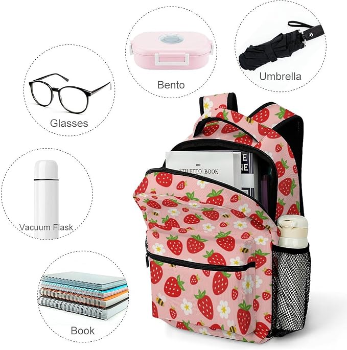 3PCS 17" Strawberry Backpack, Shoulders Backpack with Insulated Lunch Bag Durable Strawberry Laptop Bag Daypack with Multiple Pockets (Strawberry)