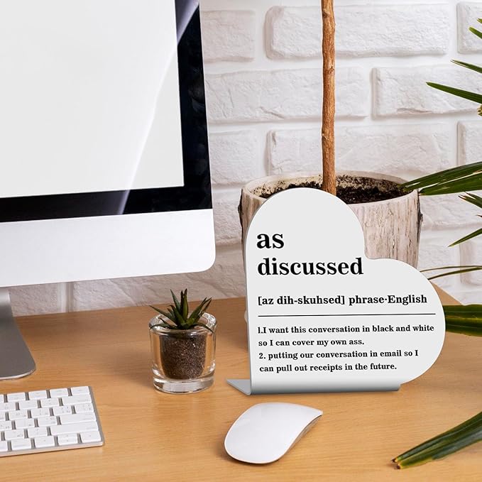 Funny Office Home Decor, Home Office Desk Accessories for Women Men, Heart Stainless Steel Plaque Sign for Desk Table Book Shelf Decor(As Discussed Noun Definition)