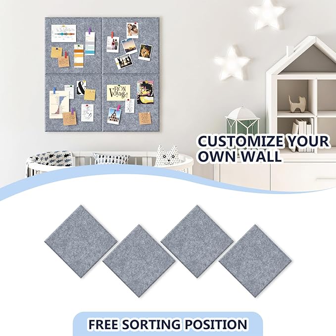 4 Pack Cork Board Tiles 12x12 Inches, 1/2" Thick Felt Cork Squares with 30 Push Pins, Bulletin Board Pin Board, Adhesive Cork Board for for Wall for Home, Office, and Kitchen (Gray)