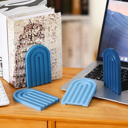 Harloon 4 Pieces Boho Arch Wood Bookends Rainbow Arch Back to School Gift Ideas Non Skid Bookend Decorative Wooden Book Stand Book Stoppers for Books Movies CDs (Denim Blue Color)