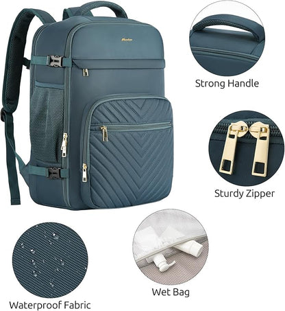 Travel Backpack for Women, Carry On Backpack for Airplanes Flight Approved, Waterproof Large Weekender Overnight Bag Fit 17 Inch Laptop with USB Charging Port, Peacock Blue