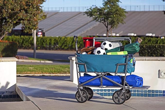 MacSports Double Decker Wagons Carts Heavy Duty Foldable Outdoor Collapsible Cart Portable Lightweight Utility Cart, All Terrain Sports Wagon for Camping Gear, Groceries, and More (Teal)