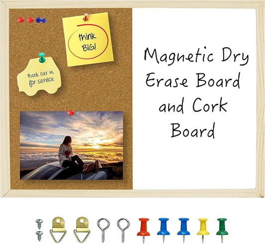 OWLKELA Dry Erase Cork Board 16.5"x12.6", Notice Pin Board, Memo Board, Vision Board, Bulletin Board for Office, Classroom or Home, Mounting Hardware and Push Pins Included, Wooden Frame