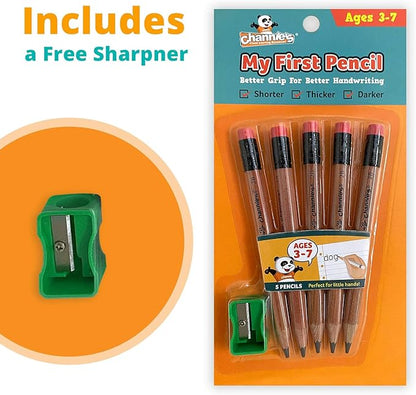 Channie's My First Pencil, Easy-to-Hold Jumbo Pencils for Preschoolers, Kindergarteners & 1st Graders, Brown Wooden 2B Fat Pencils for Kids Ages 3-7, 2 Pack (5 Each) + Sharpener