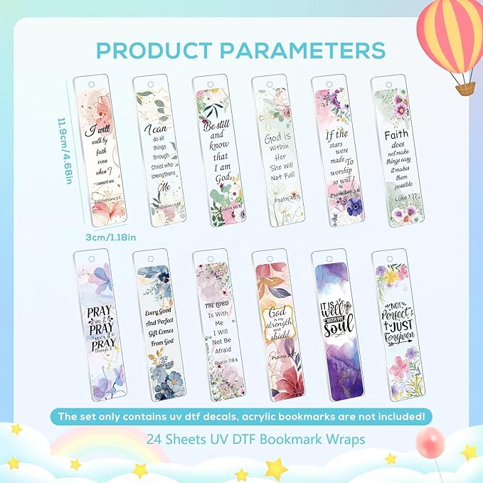 Luvsweeets Christian UV DTF Bookmark Wraps - 24 Sheets Bible Verse UV DTF Decals for Acrylic Bookmarks Religious Faith UVDTF Stickers DIY Blank Bookmarks Rub on Transfers Stickers for Book Lover