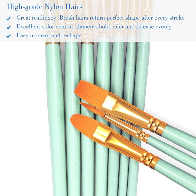 BOSOBO Paint Brushes Set, 10 Pack 100 Pcs Round Pointed Tip Paintbrushes Nylon Hair Artist Acrylic Paint Brushes for Acrylic Oil Watercolor, Face Nail Art, Miniature Detailing & Rock Painting, Green