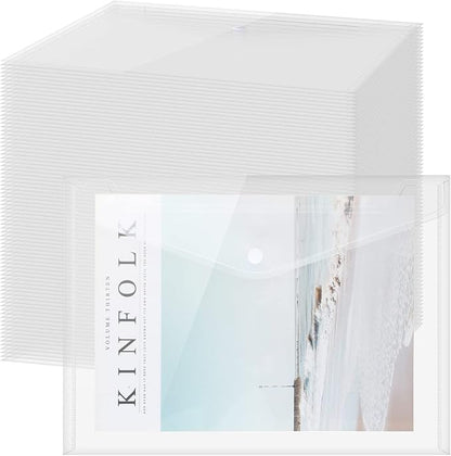 Zhehao 100 Pcs Clear Envelopes with Snap Button Closure A4 Letter Size Plastic Envelope Folder Poly Document File Folders for home Office(Clear,Simple Style)