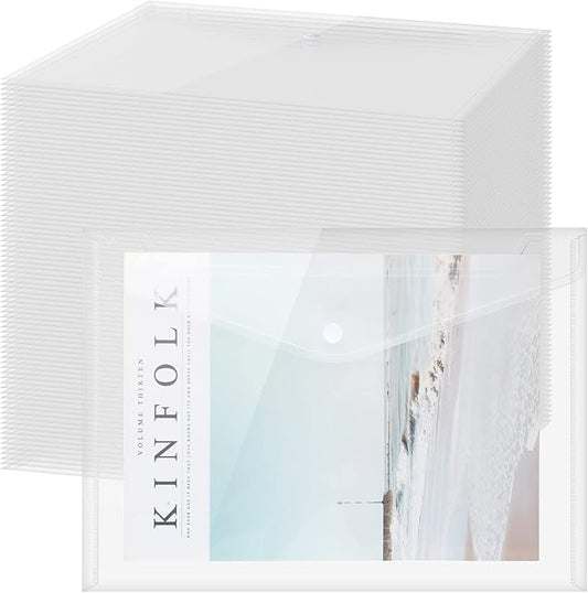 Zhehao 100 Pcs Clear Envelopes with Snap Button Closure A4 Letter Size Plastic Envelope Folder Poly Document File Folders for home Office(Clear,Simple Style)