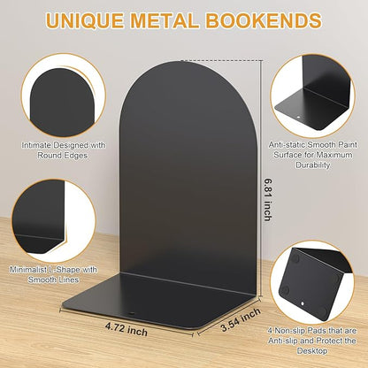 Bookends 3 Pairs, Metal Round Book Ends, Bookends for Shelves, Book Ends for Desk, Book End to Hold Books, Book Stopper, Black Bookend for Home Office
