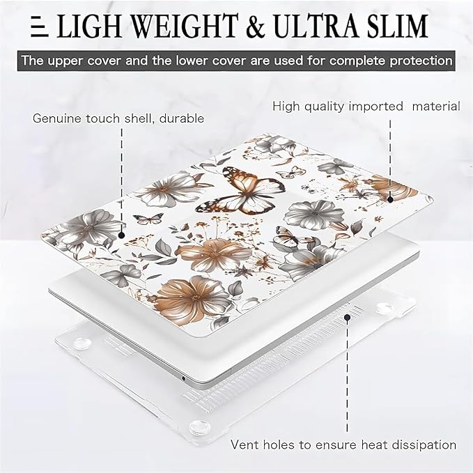 Compatible with 13.3 Inch MacBook Air A1466/A1369, Gold Flowers Butterfly Hard Plastic Shell Cover Case