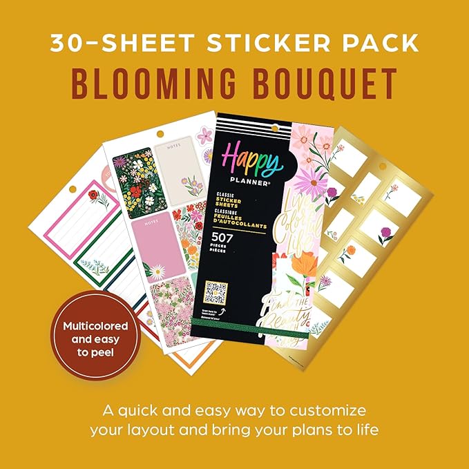Happy Planner Sticker Pack for Calendars, Journals, and Planners, Easy-Peel Stickers and Scrapbook Accessories, Classic Size, Blooming Bouquet, 30 Sheets, 507 Total Stickers