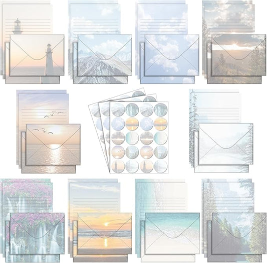 TaoBary 160 Packs Stationery Paper Set (50 Double Sided Stationery Writing Papers 50 Matching Envelopes) 60 Round Dot Sticker, 10 Design(Scenic Nature,5.5 x 8.25 Inch)