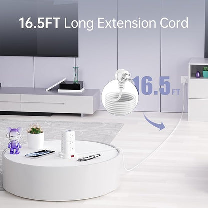 16.5FT Long Extension Cord,Power Strip Tower Surge Protector Power Strip with USB 12 Outlets with 4 USB Ports (1 USB C), Flat Plug Multi Plug Outlet Extender Overload Protection for Home Office