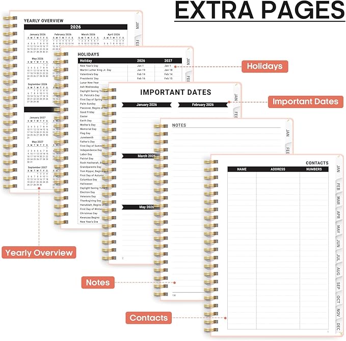 2026 Planner, Weekly and Monthly Calendar Planner, January 2026 - December 2026, Hardcover 2026 Calendar Planner Book with Tabs For Women & Men, Inner Pocket, Spiral Bound, Perfect for Office Home School Supplies - A4 (8.5" x 11"), Pink