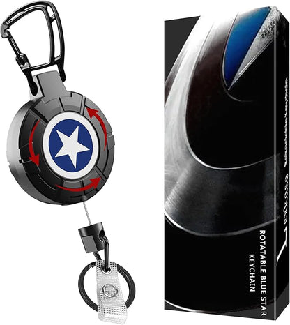 Rotating Blue Star Faceplate Badge Reel with Retractable Steel Wire Keychain, Heavy Duty Carabiner Holder, Ideal for Key & Card Storage Gift for Men