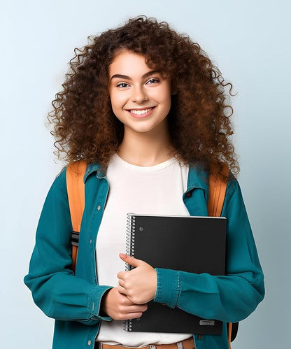 Dunwell College Ruled Spiral Notebook (Black), 1 Subject Notebook 8.5 x 11 for School, Plastic Cover, Pocket Divider, 100 Sheets (200 Pages), 3-Hole Punched Perforated 8 1/2 x 11 Paper