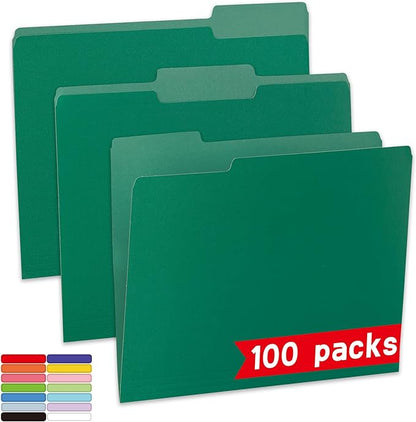 100 Packs File Folders,Green Folders,1/3-Cut Tabs,File Folders Letter Size,8.5x11 Inch File Folders for Office,School and Home,Organizer Documents