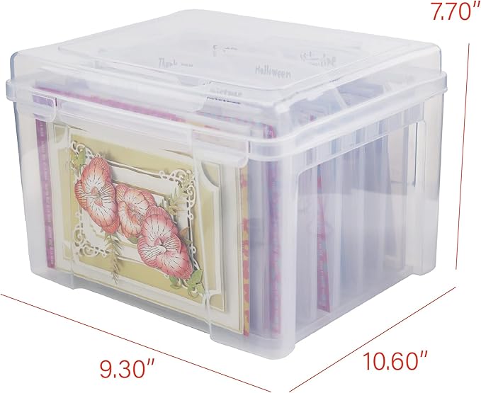 Greeting Card Storage & Organizer Box with 6 Removable Dividers for Holiday Birthday Get Well Cards Photos, Crafts, Scrapbooking(Clear)