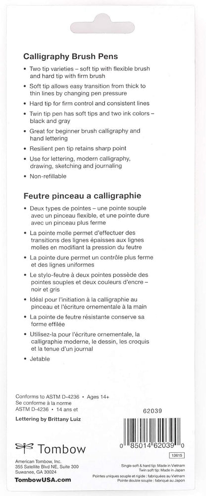 Tombow 62039 Fudenosuke Brush Pens, 3-Pack. Soft, Hard, and Twin Tip Markers for Calligraphy and Art Drawings