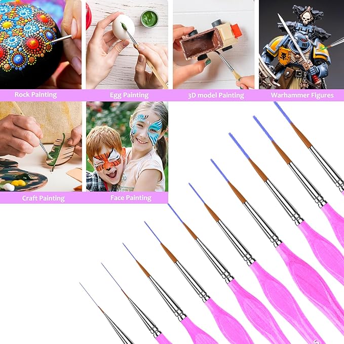 10PC Miniature Paint Brush for Fine Detailing, Detail Paint Brush, Mini Small Painting Brushes for Art, Crafts, Acrylic, Watercolor, Model, Face, Paint by Number, Citadel, Figurine (Magenta)