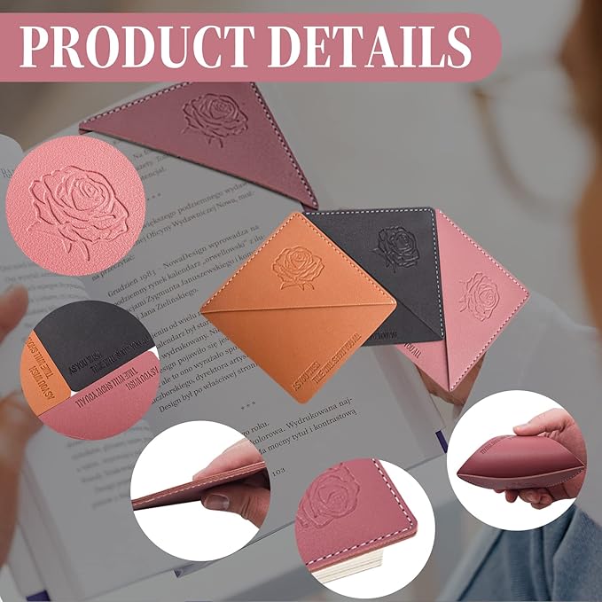Leather Square Bookmarks - 3 Pieces Retro Flower Print Book Markers Clip Set for Teachers Students Book Reading Lovers, for School Office Home Supplies, Wayzton Corner Page Book Marks