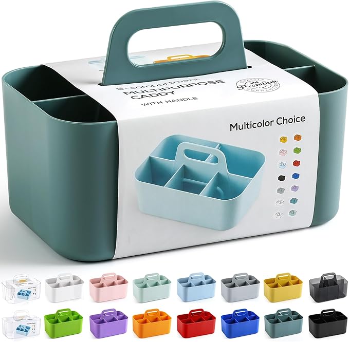Multiuse Caddy Organizer with Handle - Stackable Plastic Tote Bin - Art Craft Supplies, Office, Desk, Stationery Pen Holder, Kitchen, Utensil, Makeup, Bathroom, Shower, Cleaning, Dorm Organizer - Cyan