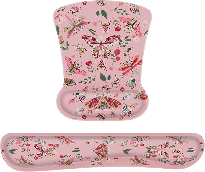 iCasso Ergonomic Mouse Pad with Wrist Rest, Keyboard Wrist Rest Mouse Wrist Rest, Made of Memory Foam, Easy Typing and Relieve Wrist Pain, Perfect for Computer Keyboard Office(Pink Butterfly)