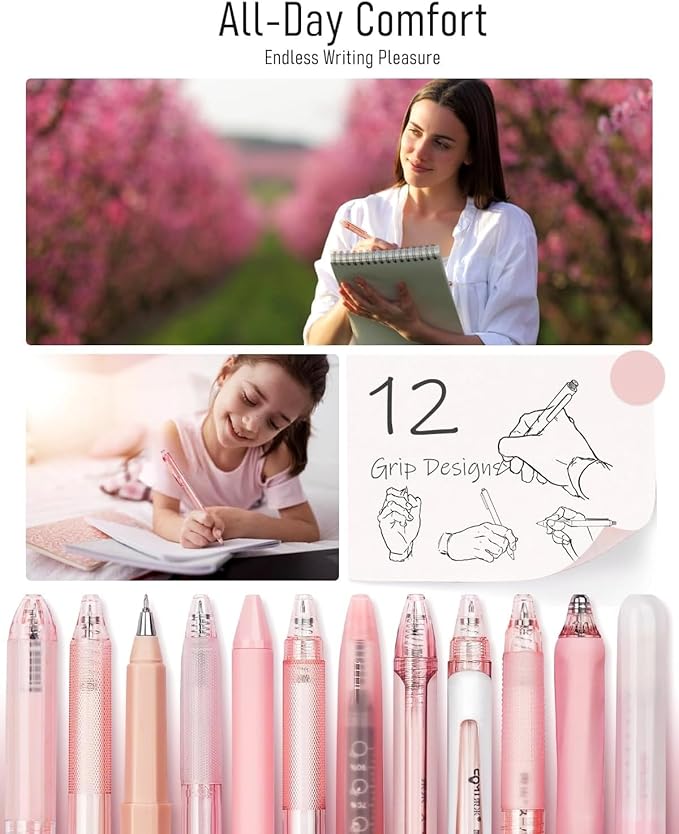 FourCandies 12Pack Pastel Gel Ink Pen Set, Cute Note Taking 0.5mm Fine Point Retractable 11 Pack Black Ink Pens with 1Pack Highlighter for Writing, School, Office (Pink)