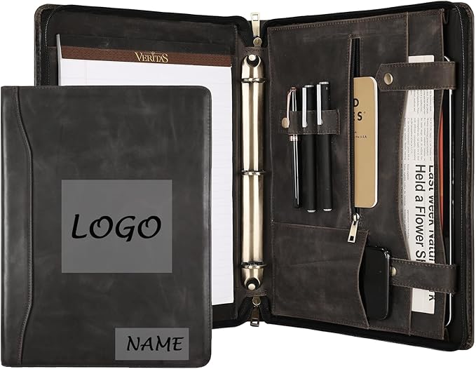 Portfolio Binder 3 Ring, Leather Binder Portfolio Folder for Left-Handed, Zippered Portfolio Padfolio Binder for Women, Leather Portfolio Organizer for Men (Grey, Custom)