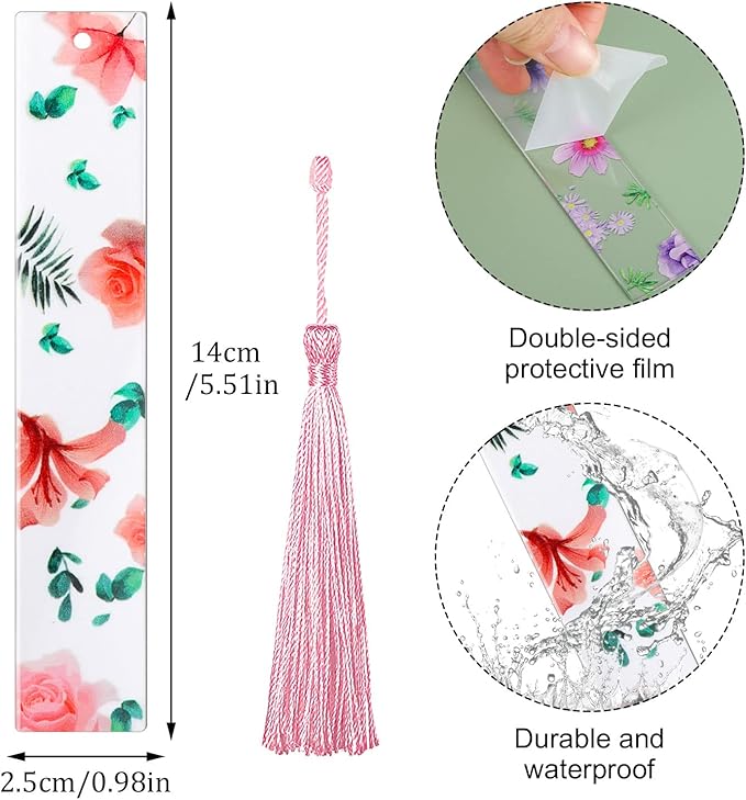 10 Pieces Flower Resin Bookmark Transparent Floral Bookmarks for Women Cute Bookmarks Flower Page Marker with Tassels, Christmas Gifts Stocking Stuffers for Women Kids
