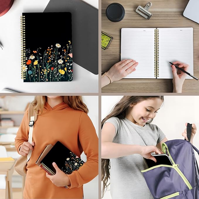 Cute Spiral Notebook journal B5 Aesthetic Pretty Design for Women Girls Kawaii with Pocket, 10 x 7.2 inch, Lined, Black Flower