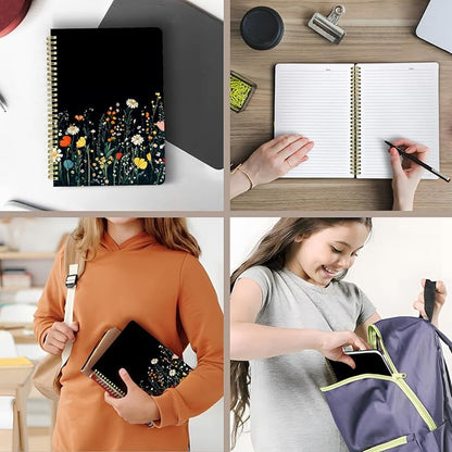 Cute Spiral Notebook journal B5 Aesthetic Pretty Design for Women Girls Kawaii with Pocket, 10 x 7.2 inch, Lined, Black Flower