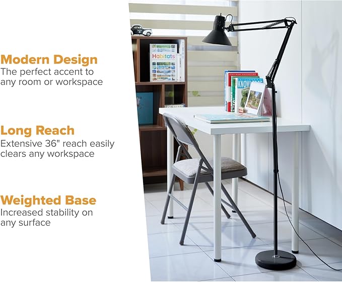 Bostitch Office VLF100F Swing Arm Metal Floor Lamp, 72" Tall with Multi-Joint Adjustment, Includes Replaceable LED Bulb (VLF), Black