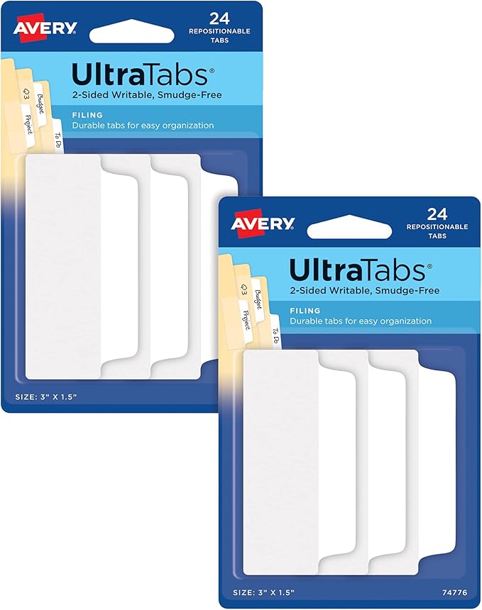 Avery Ultra Tabs, File Tabs, 3" x 1.5", 2-Side Writable, White, 24 Tabs Per Pack, 2-Pack, 48 Self Adhesive Tabs Total (34777)